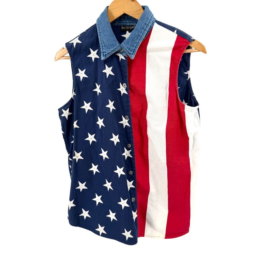 Vintage 90s Bay Studio American Flag 100% Cotton Twill Sequin Shirt